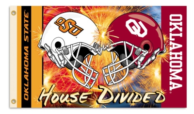 Oklahoma - Oklahoma State 3' x 5' House Divided Helmets Flag - Click Image to Close