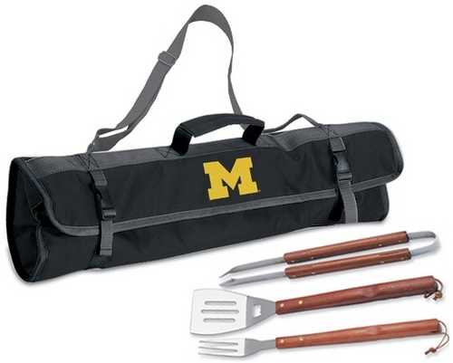 University of Michigan Wolverines 3 Piece BBQ Tool Set With Tote - Click Image to Close